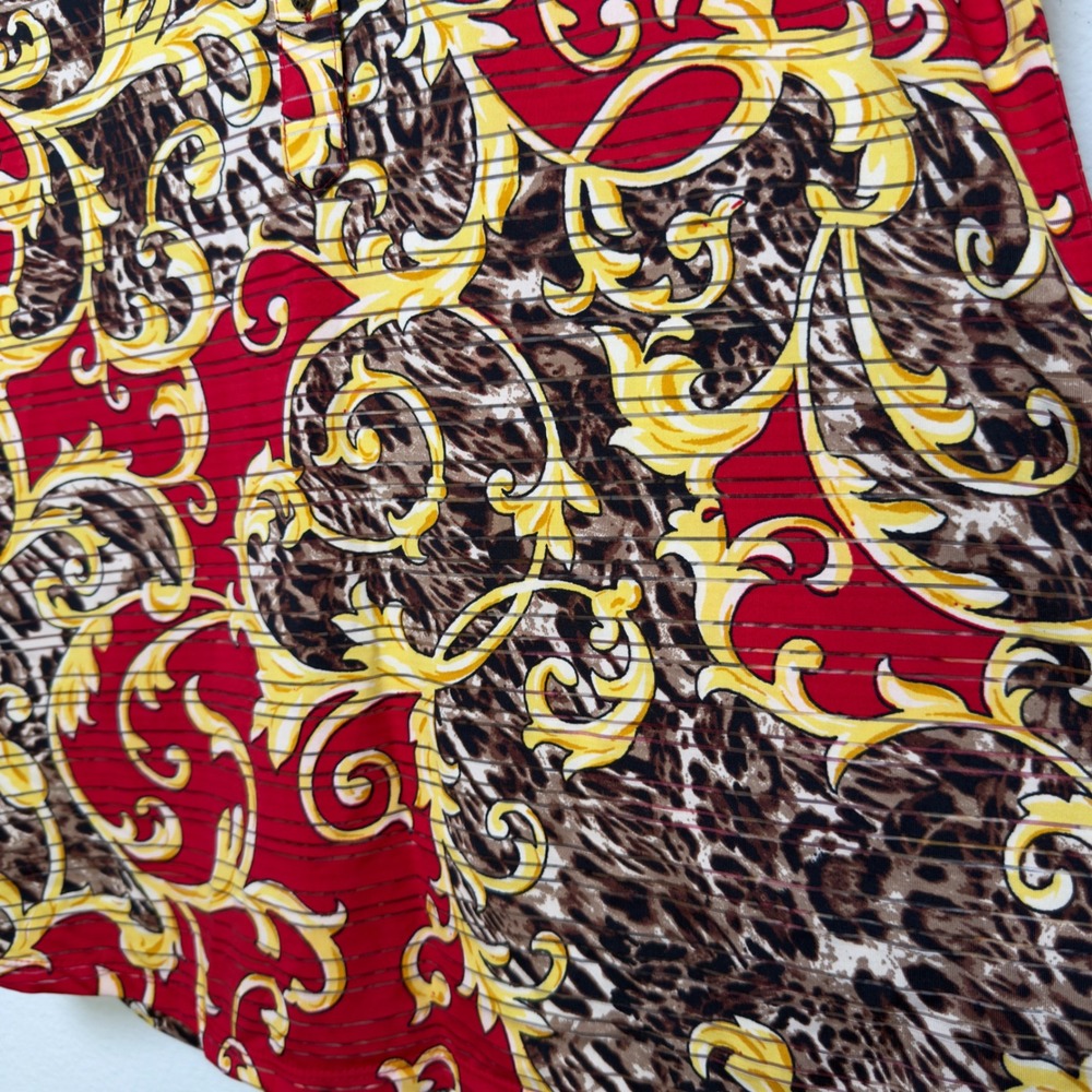 Cathy Women Equestrian Tunic Top M Red Baroque Leopard Print Henley Artsy‎ - Picture 6 of 10